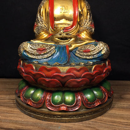 12"Tibetan Temple Collection Old Bronze Painted Amitabha Shakyamuni Sitting Buddha Double Lotus Platform Worship Hall Town house