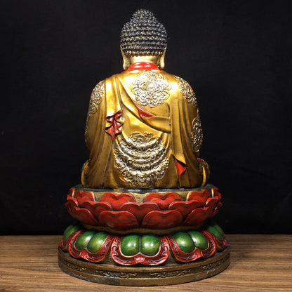 12"Tibetan Temple Collection Old Bronze Painted Amitabha Shakyamuni Sitting Buddha Double Lotus Platform Worship Hall Town house
