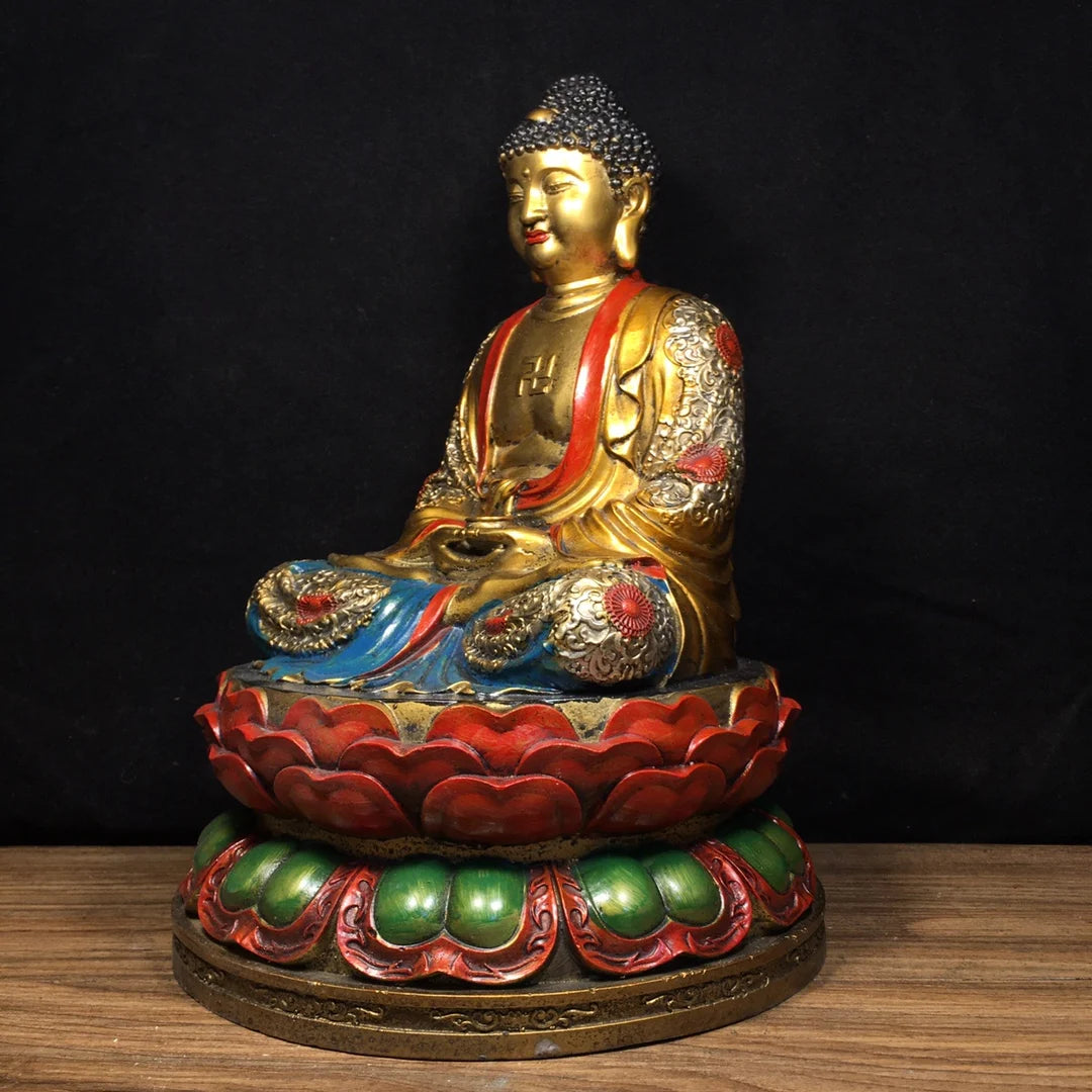 12"Tibetan Temple Collection Old Bronze Painted Amitabha Shakyamuni Sitting Buddha Double Lotus Platform Worship Hall Town house