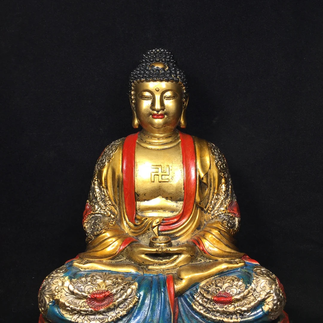 12"Tibetan Temple Collection Old Bronze Painted Amitabha Shakyamuni Sitting Buddha Double Lotus Platform Worship Hall Town house