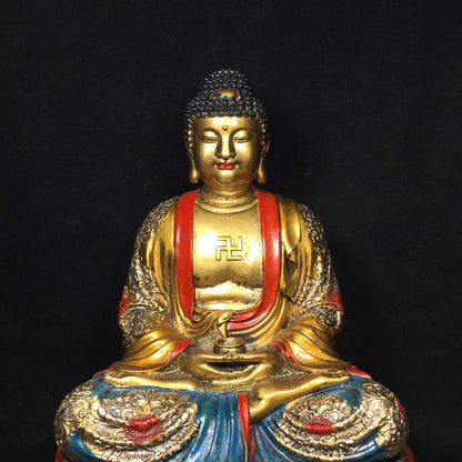 12"Tibetan Temple Collection Old Bronze Painted Amitabha Shakyamuni Sitting Buddha Double Lotus Platform Worship Hall Town house
