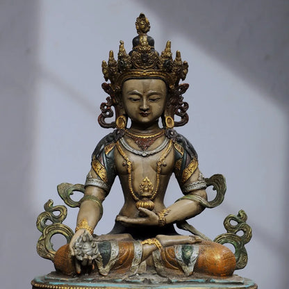 12"Tibetan Temple Collection Old Bronze Painted Amitayus Longevity Buddha Lotus Platform Worship Hall Town house Exorcism