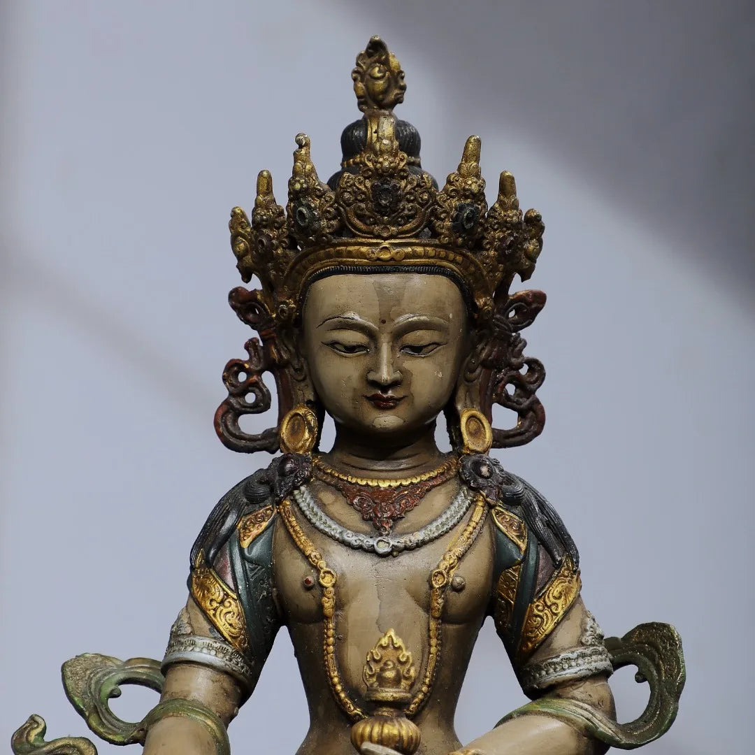 12"Tibetan Temple Collection Old Bronze Painted Amitayus Longevity Buddha Lotus Platform Worship Hall Town house Exorcism