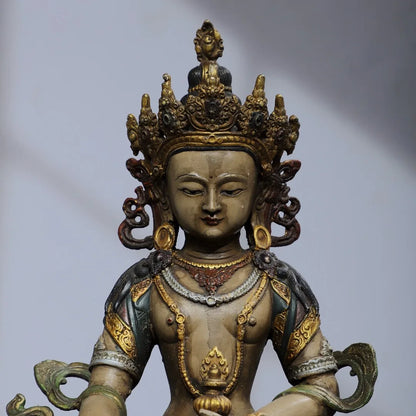 12"Tibetan Temple Collection Old Bronze Painted Amitayus Longevity Buddha Lotus Platform Worship Hall Town house Exorcism