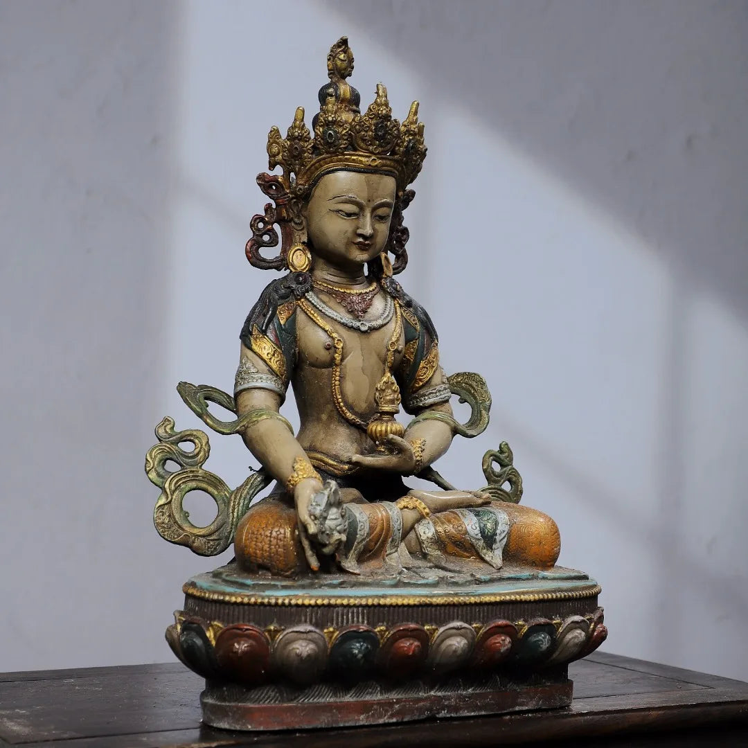 12"Tibetan Temple Collection Old Bronze Painted Amitayus Longevity Buddha Lotus Platform Worship Hall Town house Exorcism