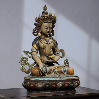 12"Tibetan Temple Collection Old Bronze Painted Amitayus Longevity Buddha Lotus Platform Worship Hall Town house Exorcism