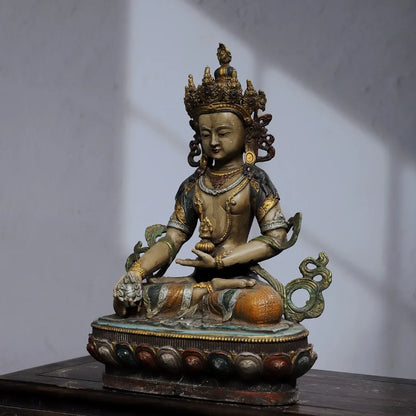 12"Tibetan Temple Collection Old Bronze Painted Amitayus Longevity Buddha Lotus Platform Worship Hall Town house Exorcism