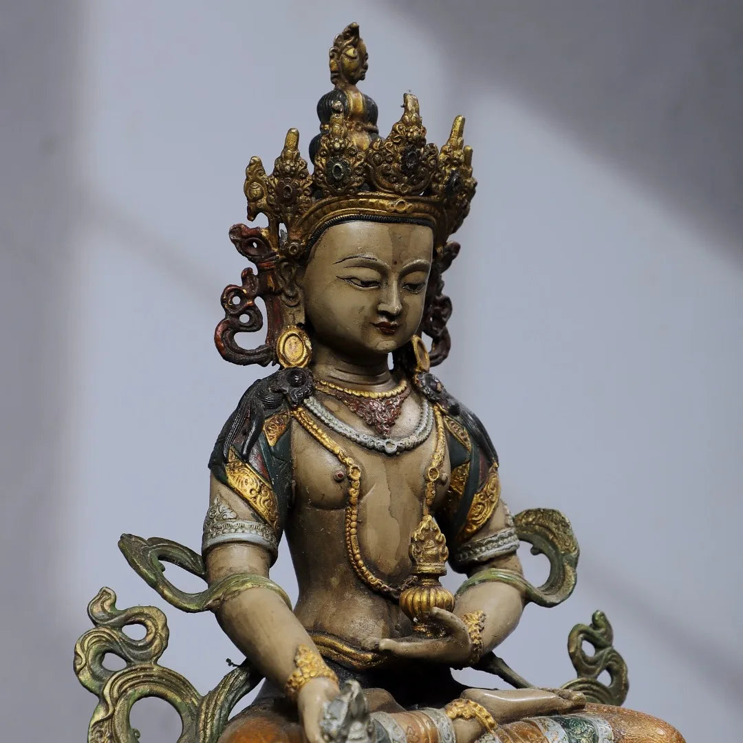12"Tibetan Temple Collection Old Bronze Painted Amitayus Longevity Buddha Lotus Platform Worship Hall Town house Exorcism