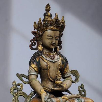12"Tibetan Temple Collection Old Bronze Painted Amitayus Longevity Buddha Lotus Platform Worship Hall Town house Exorcism