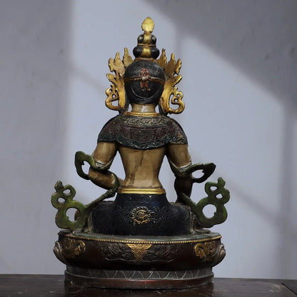 12"Tibetan Temple Collection Old Bronze Painted Amitayus Longevity Buddha Lotus Platform Worship Hall Town house Exorcism