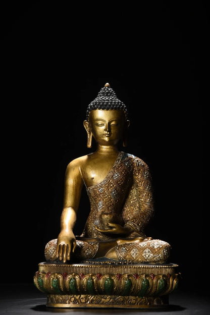 12"Tibetan Temple Collection Old Bronze Painted Cinnabar Shakyamuni Amitabha Buddha Lotus Terrace Worship Hall Town house