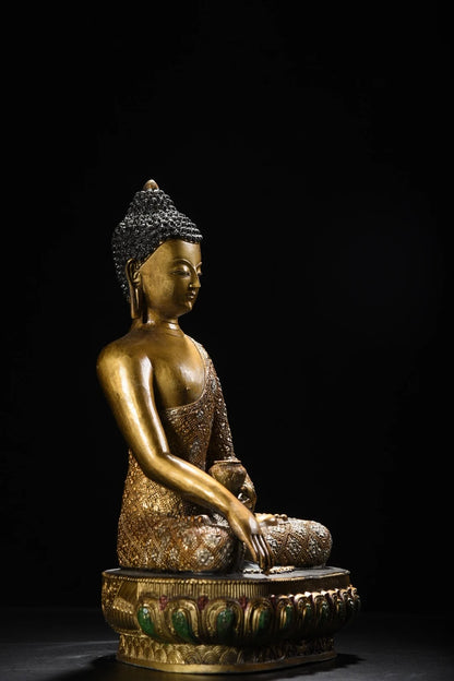 12"Tibetan Temple Collection Old Bronze Painted Cinnabar Shakyamuni Amitabha Buddha Lotus Terrace Worship Hall Town house
