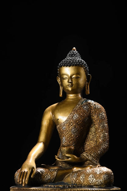 12"Tibetan Temple Collection Old Bronze Painted Cinnabar Shakyamuni Amitabha Buddha Lotus Terrace Worship Hall Town house