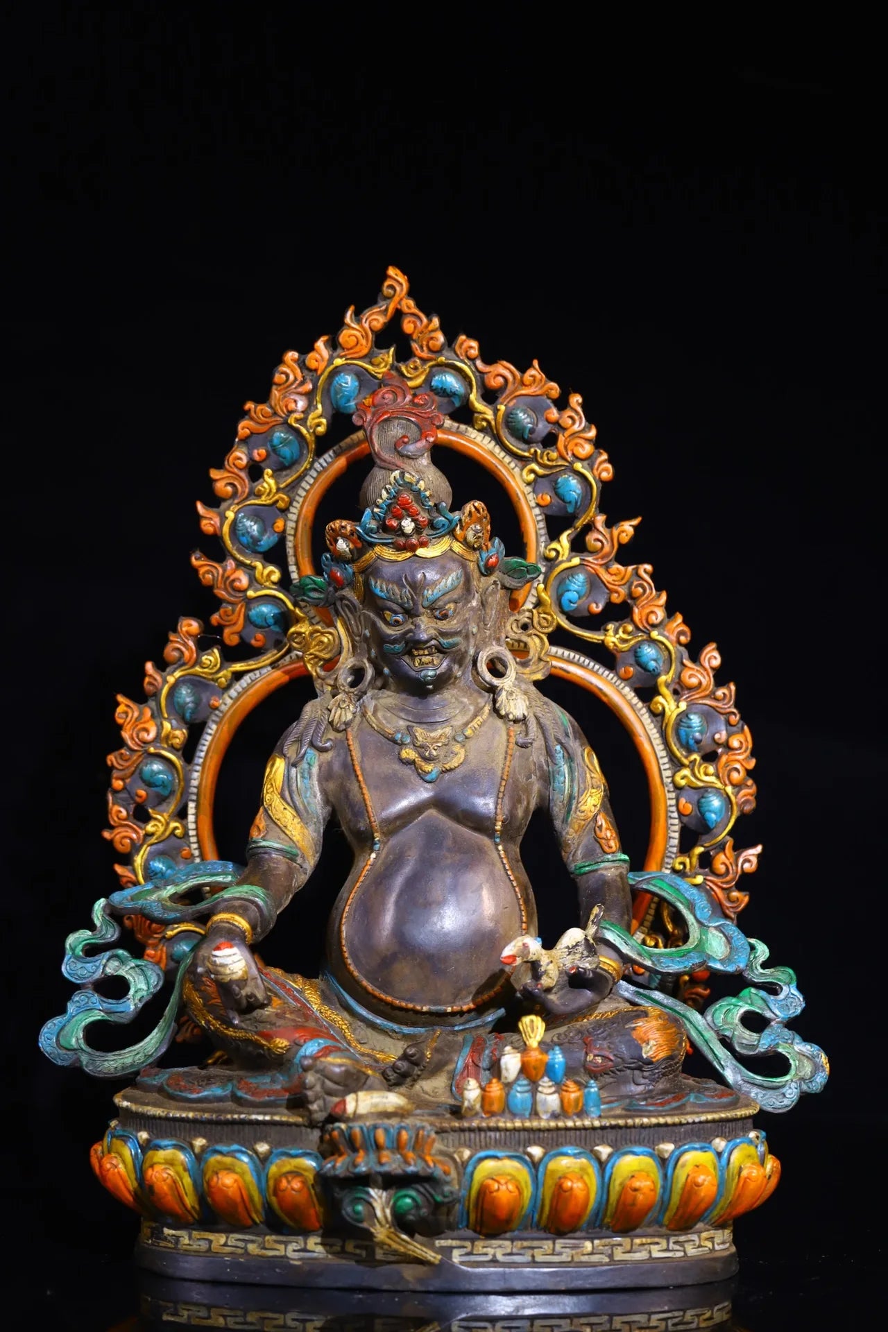 12"Tibetan Temple Collection Old Bronze Painted Cinnabar Yellow Jambhala Sitting Buddha Backlight Lotus Platform Worship Hall