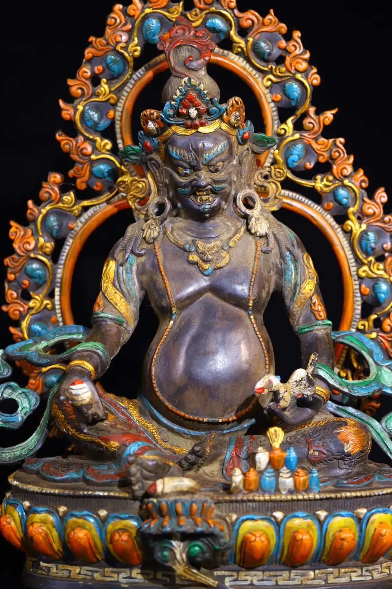 12"Tibetan Temple Collection Old Bronze Painted Cinnabar Yellow Jambhala Sitting Buddha Backlight Lotus Platform Worship Hall
