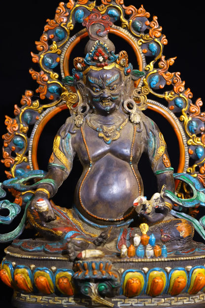 12"Tibetan Temple Collection Old Bronze Painted Cinnabar Yellow Jambhala Sitting Buddha Backlight Lotus Platform Worship Hall