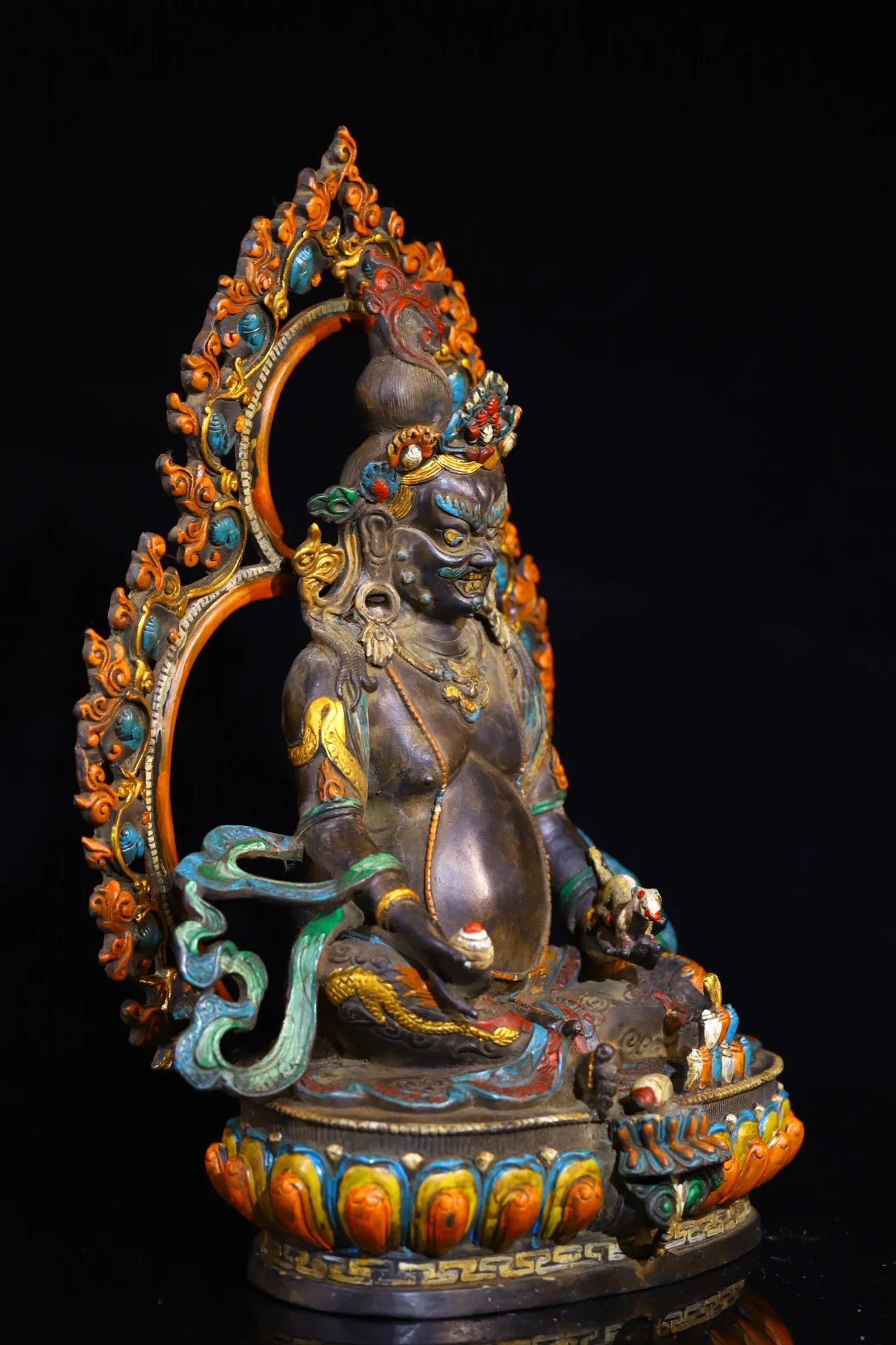 12"Tibetan Temple Collection Old Bronze Painted Cinnabar Yellow Jambhala Sitting Buddha Backlight Lotus Platform Worship Hall