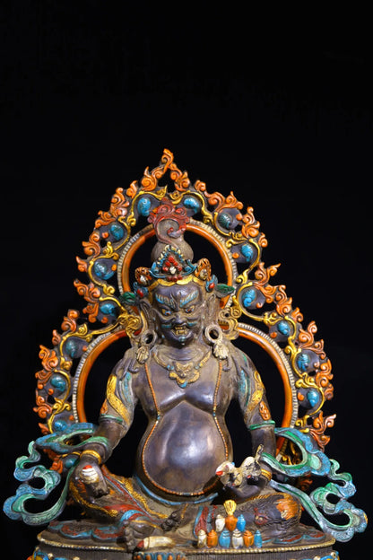 12"Tibetan Temple Collection Old Bronze Painted Cinnabar Yellow Jambhala Sitting Buddha Backlight Lotus Platform Worship Hall