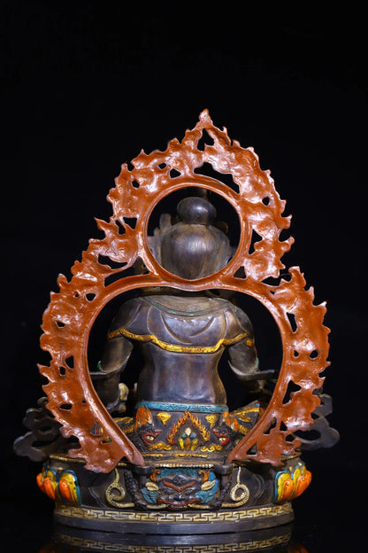 12"Tibetan Temple Collection Old Bronze Painted Cinnabar Yellow Jambhala Sitting Buddha Backlight Lotus Platform Worship Hall
