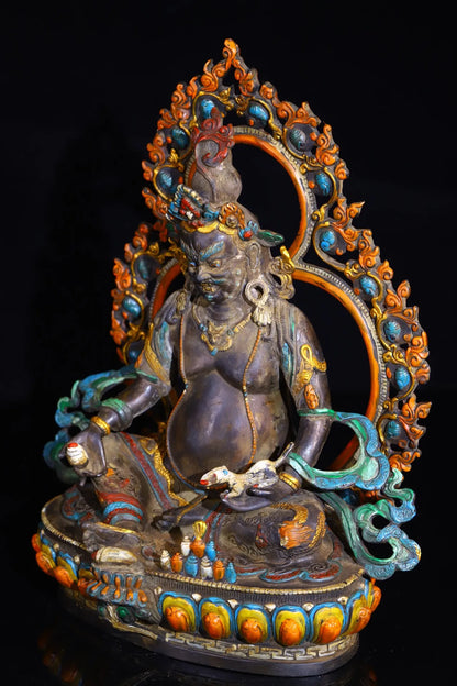 12"Tibetan Temple Collection Old Bronze Painted Cinnabar Yellow Jambhala Sitting Buddha Backlight Lotus Platform Worship Hall