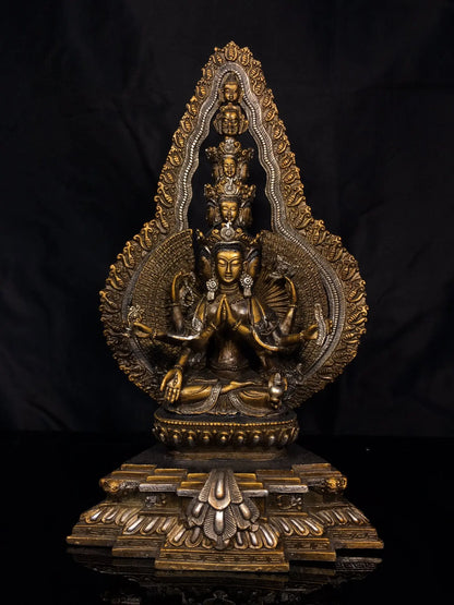 12"Tibetan Temple Collection Old Bronze Painted Cundhi bodhisattva 1000 arm Guanyin Sitting Buddha Worship Hall Town House