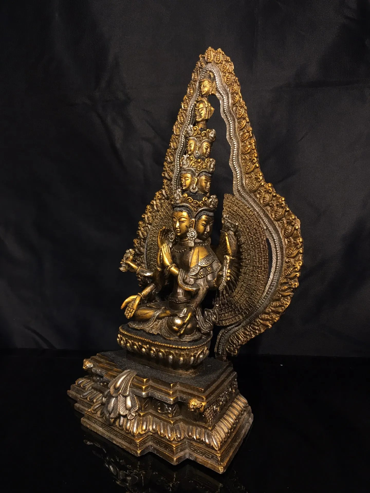 12"Tibetan Temple Collection Old Bronze Painted Cundhi bodhisattva 1000 arm Guanyin Sitting Buddha Worship Hall Town House