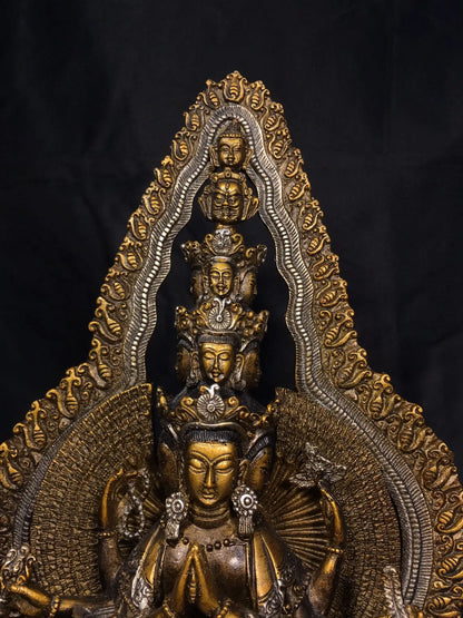12"Tibetan Temple Collection Old Bronze Painted Cundhi bodhisattva 1000 arm Guanyin Sitting Buddha Worship Hall Town House