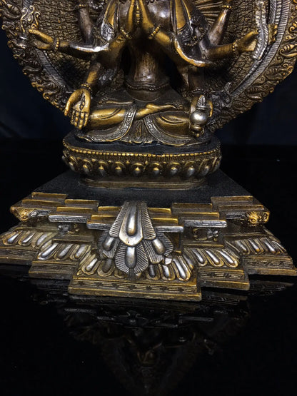 12"Tibetan Temple Collection Old Bronze Painted Cundhi bodhisattva 1000 arm Guanyin Sitting Buddha Worship Hall Town House