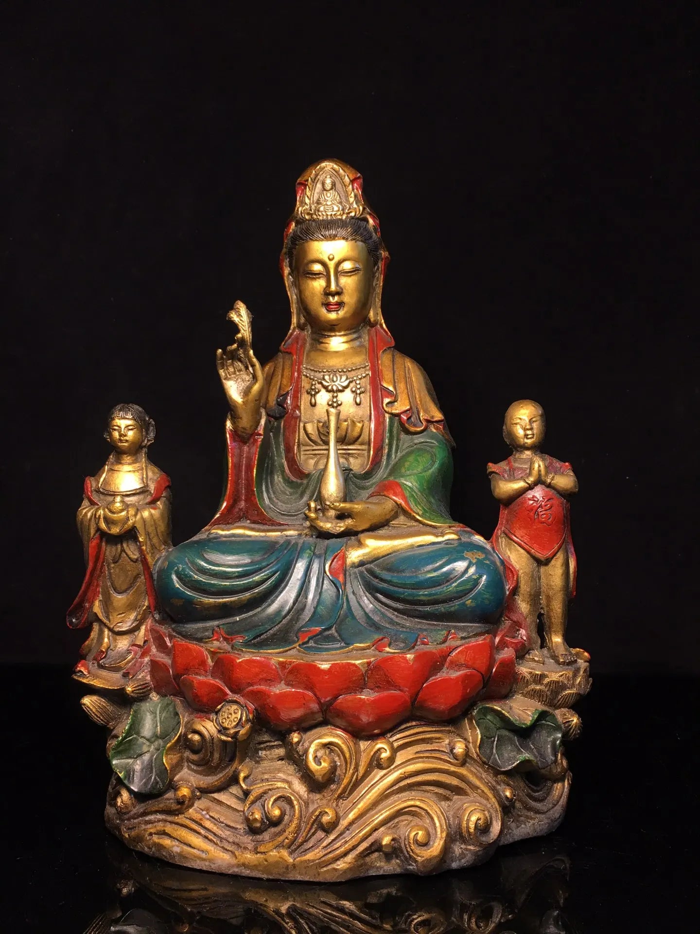 12"Tibetan Temple Collection Old Bronze Painted Sending children Bottle Guanyin Bodhisattva Buddha Lotus Platform Worship Hall