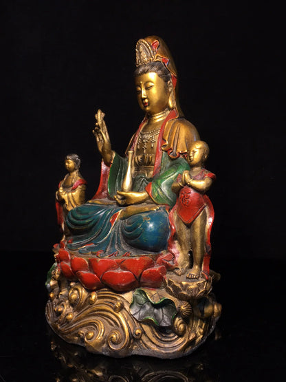 12"Tibetan Temple Collection Old Bronze Painted Sending children Bottle Guanyin Bodhisattva Buddha Lotus Platform Worship Hall