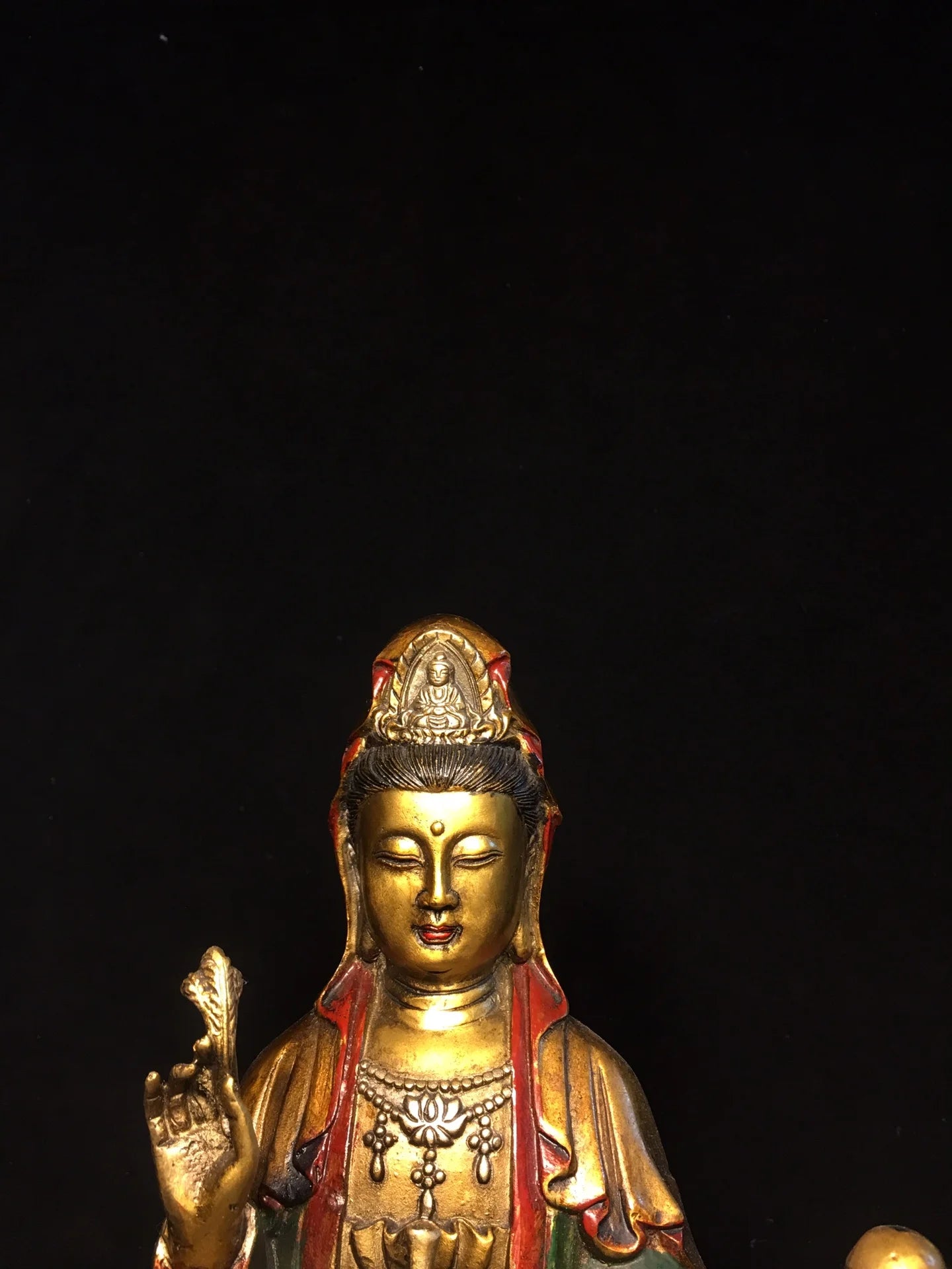 12"Tibetan Temple Collection Old Bronze Painted Sending children Bottle Guanyin Bodhisattva Buddha Lotus Platform Worship Hall