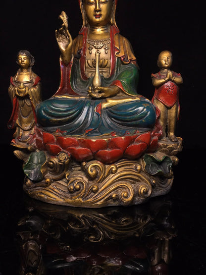 12"Tibetan Temple Collection Old Bronze Painted Sending children Bottle Guanyin Bodhisattva Buddha Lotus Platform Worship Hall