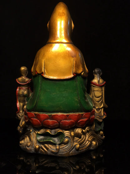 12"Tibetan Temple Collection Old Bronze Painted Sending children Bottle Guanyin Bodhisattva Buddha Lotus Platform Worship Hall