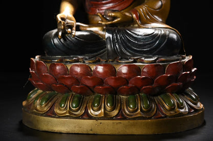 12"Tibetan Temple Collection Old Bronze Painted Shakyamuni Sitting Buddha Double Lotus Platform Worship Hall Town house
