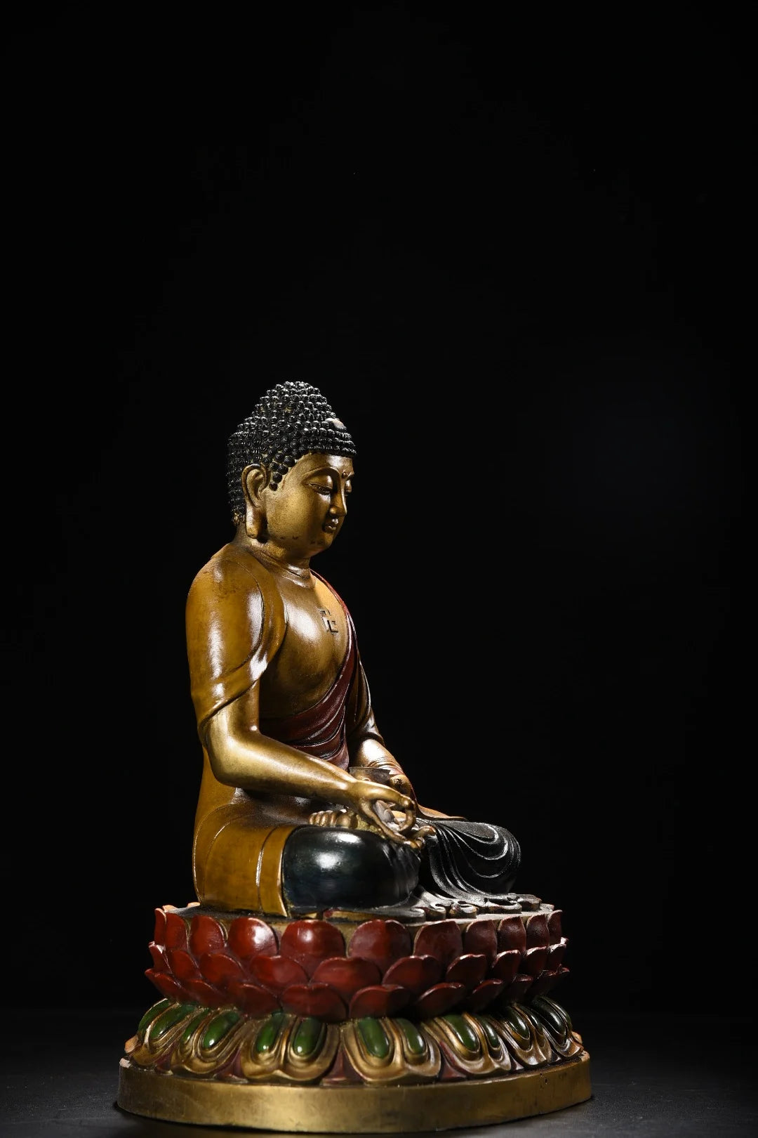 12"Tibetan Temple Collection Old Bronze Painted Shakyamuni Sitting Buddha Double Lotus Platform Worship Hall Town house