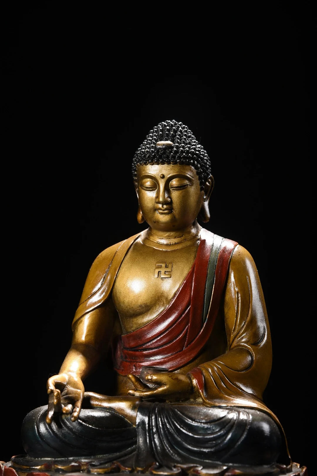12"Tibetan Temple Collection Old Bronze Painted Shakyamuni Sitting Buddha Double Lotus Platform Worship Hall Town house