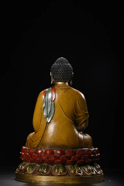 12"Tibetan Temple Collection Old Bronze Painted Shakyamuni Sitting Buddha Double Lotus Platform Worship Hall Town house