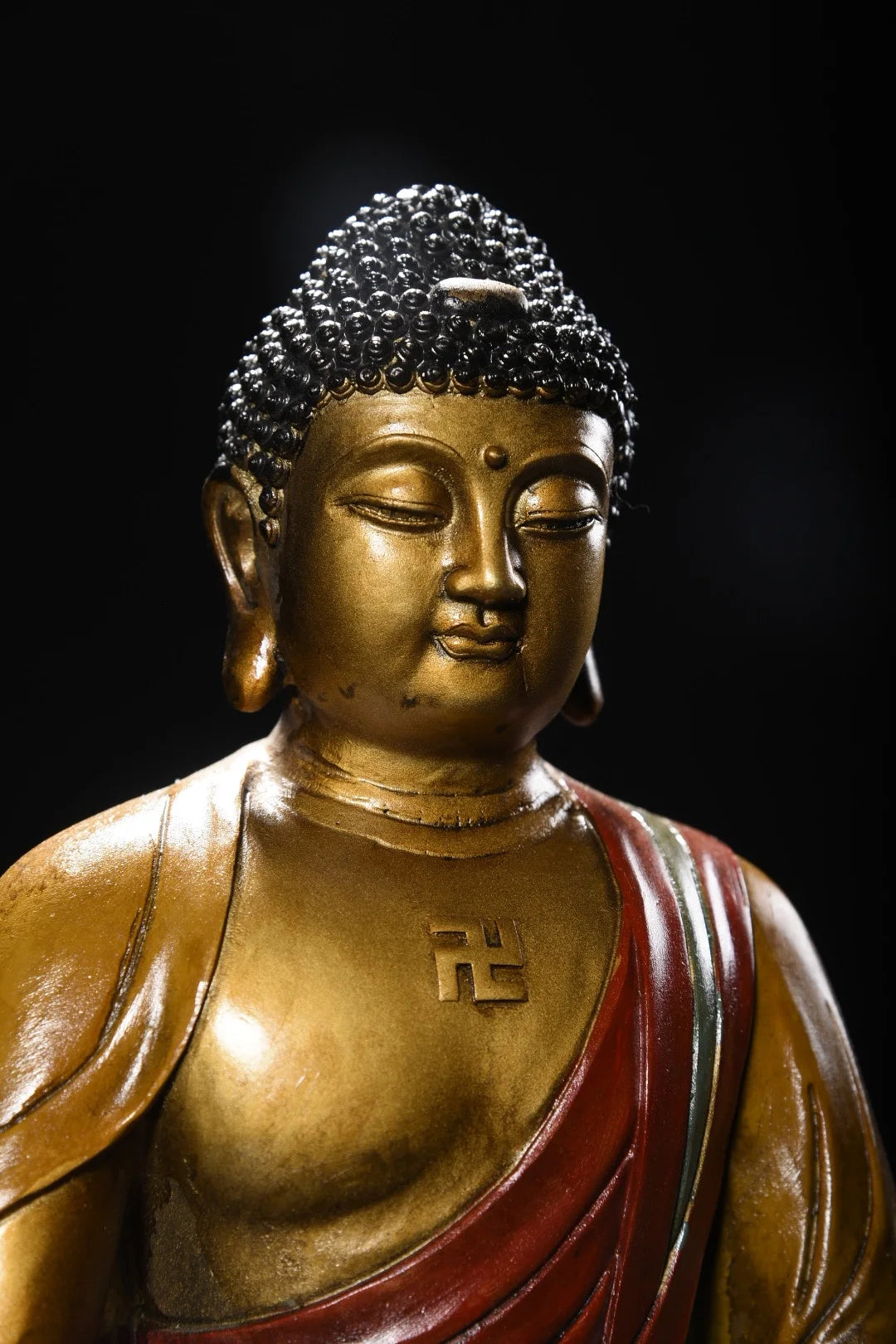 12"Tibetan Temple Collection Old Bronze Painted Shakyamuni Sitting Buddha Double Lotus Platform Worship Hall Town house