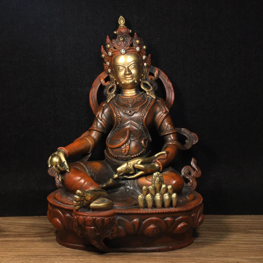 12"Tibetan Temple Collection Old Bronze Real gold in gold Huang Caishen Tibetan Buddha Lotus Platform worship hall Town House