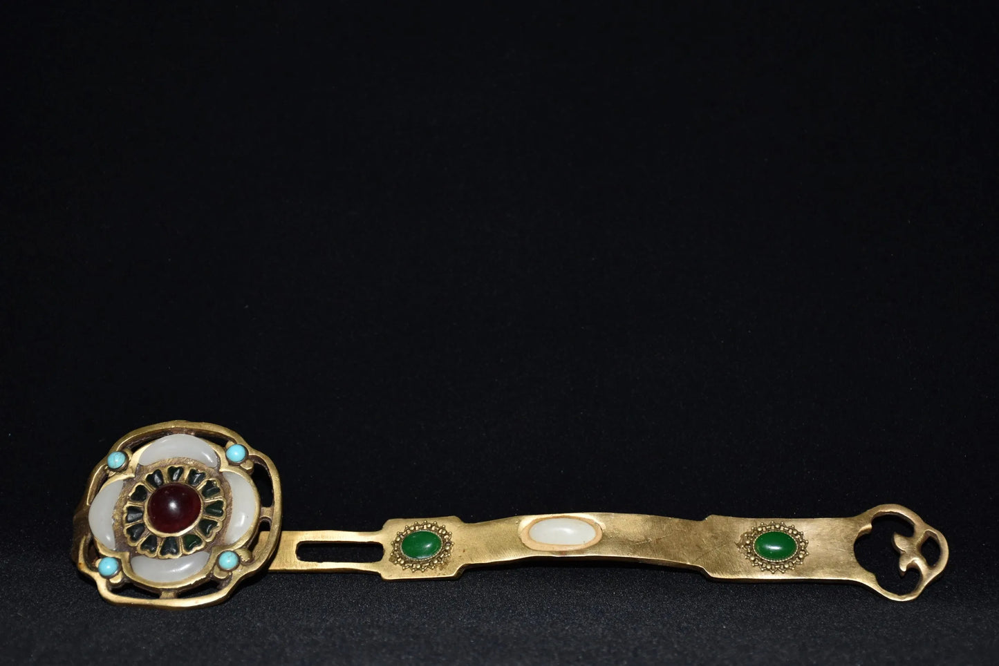 12"Tibetan Temple Collection Old Bronze mosaic gem Xiu Jade lotus Ruyi As one wishes ornament Gather fortune Town house