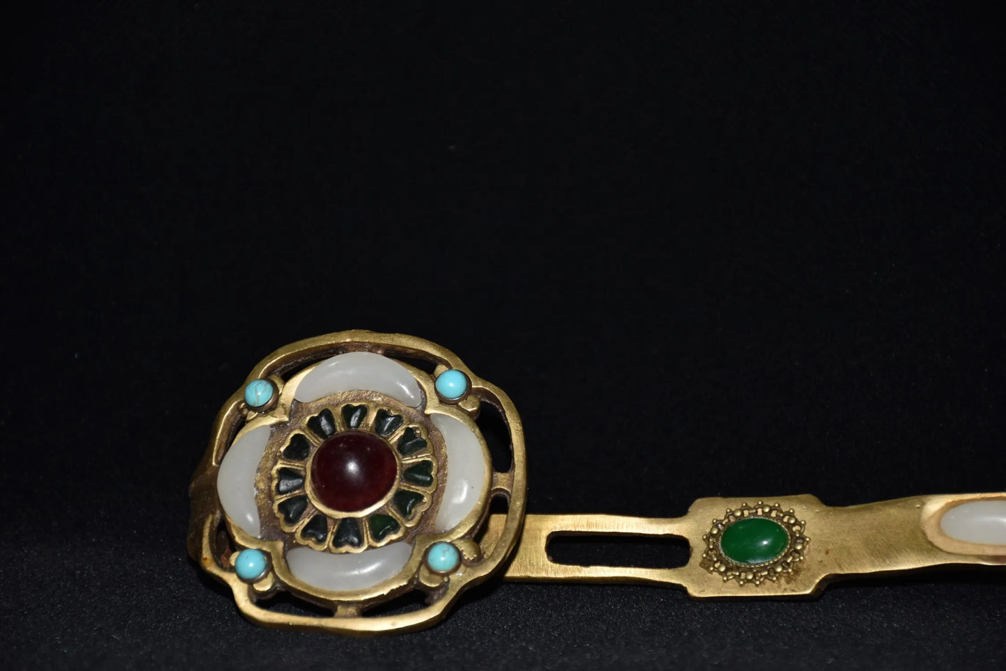 12"Tibetan Temple Collection Old Bronze mosaic gem Xiu Jade lotus Ruyi As one wishes ornament Gather fortune Town house