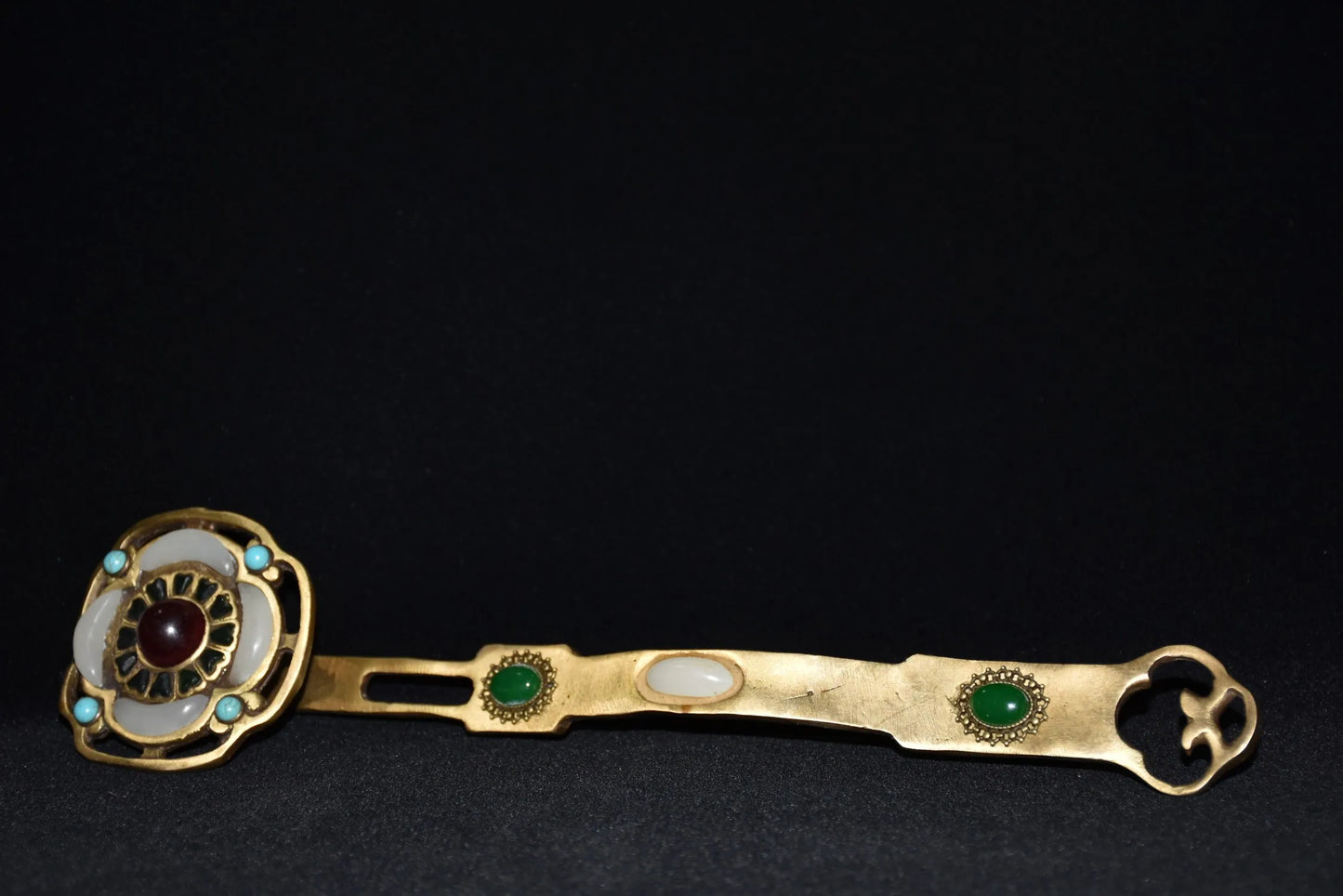 12"Tibetan Temple Collection Old Bronze mosaic gem Xiu Jade lotus Ruyi As one wishes ornament Gather fortune Town house