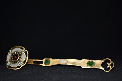 12"Tibetan Temple Collection Old Bronze mosaic gem Xiu Jade lotus Ruyi As one wishes ornament Gather fortune Town house