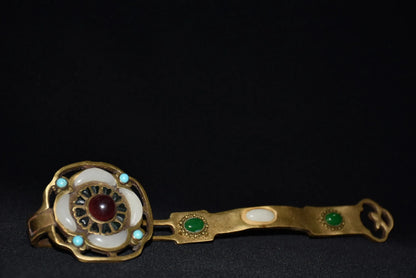 12"Tibetan Temple Collection Old Bronze mosaic gem Xiu Jade lotus Ruyi As one wishes ornament Gather fortune Town house