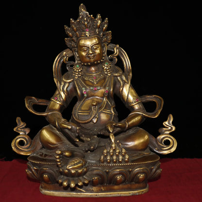 12"Tibetan Temple Collection Old Bronze mosaic gem Yellow God of Wealth Buddha Huang Caishen Lotus Terrace Enshrine the Buddha