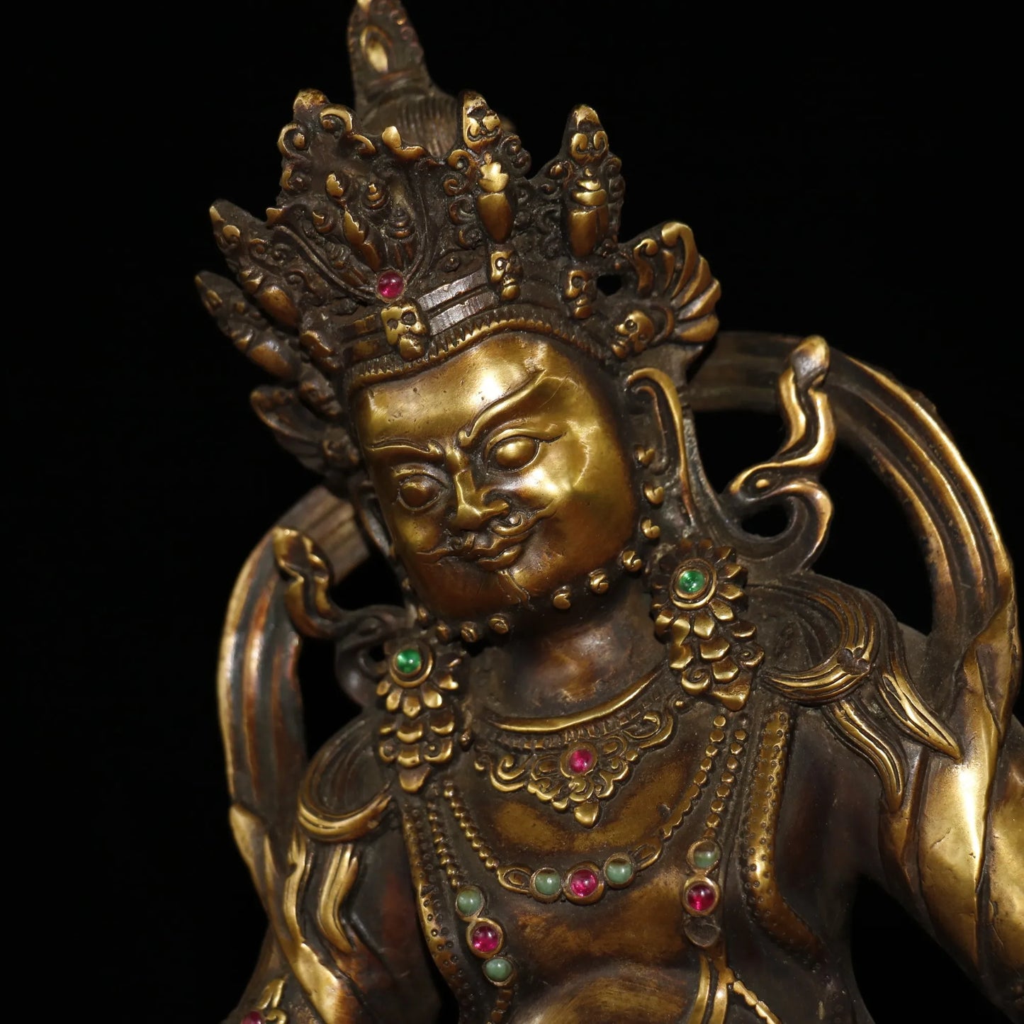 12"Tibetan Temple Collection Old Bronze mosaic gem Yellow God of Wealth Buddha Huang Caishen Lotus Terrace Enshrine the Buddha