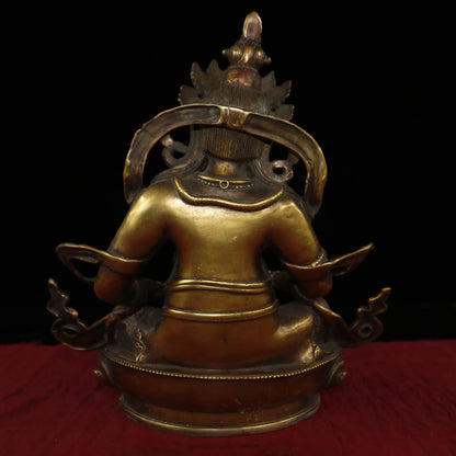 12"Tibetan Temple Collection Old Bronze mosaic gem Yellow God of Wealth Buddha Huang Caishen Lotus Terrace Enshrine the Buddha