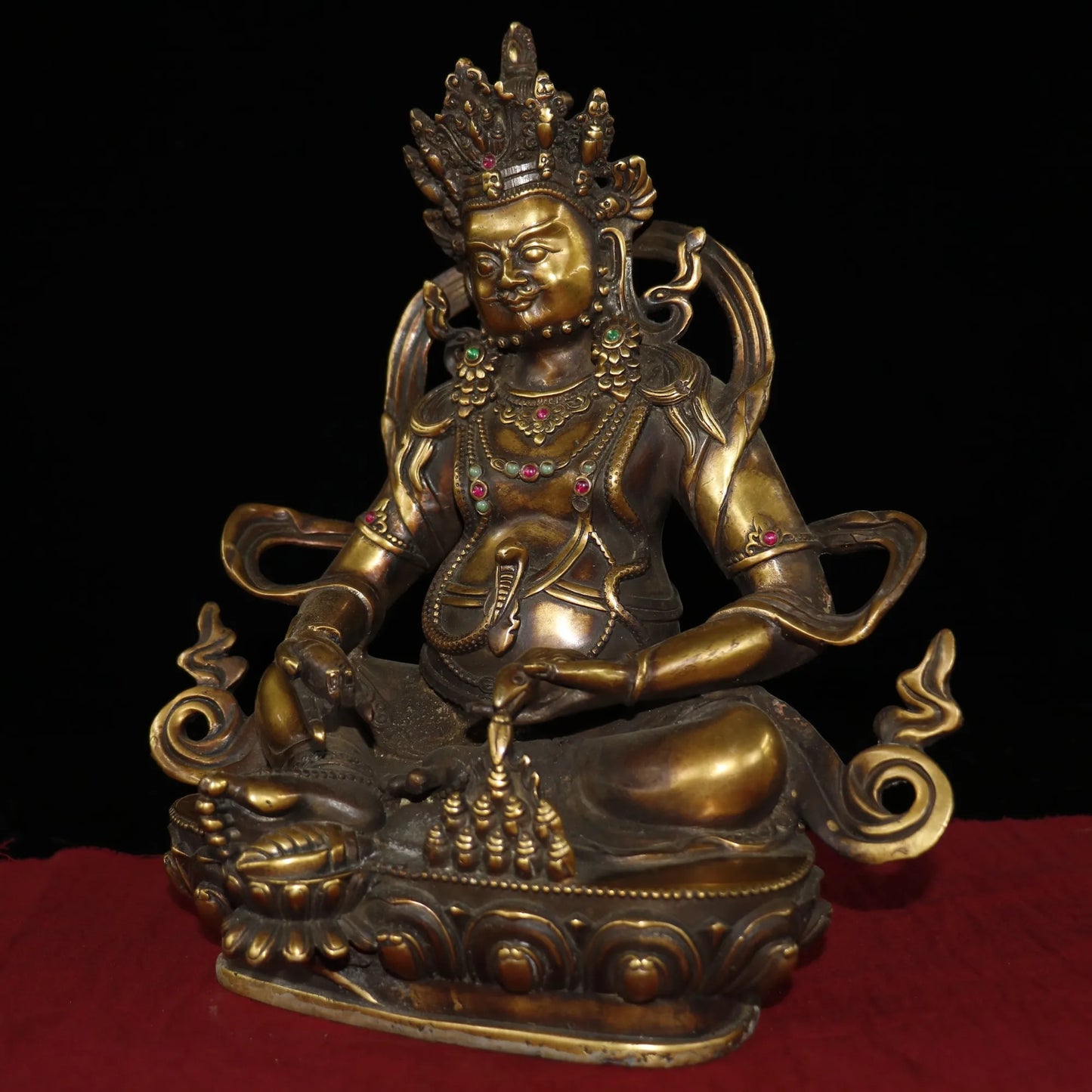 12"Tibetan Temple Collection Old Bronze mosaic gem Yellow God of Wealth Buddha Huang Caishen Lotus Terrace Enshrine the Buddha