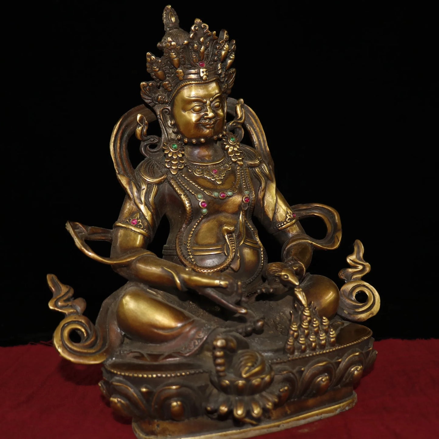 12"Tibetan Temple Collection Old Bronze mosaic gem Yellow God of Wealth Buddha Huang Caishen Lotus Terrace Enshrine the Buddha