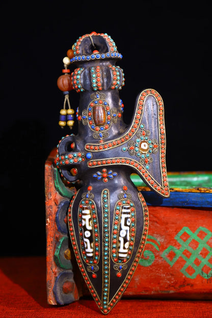 12"Tibetan Temple Collection Old Natural Meteorite Mosaic Gem gZi Beads Axe shape Dorje Vajra Phurpa Dharma Amulet Town House
